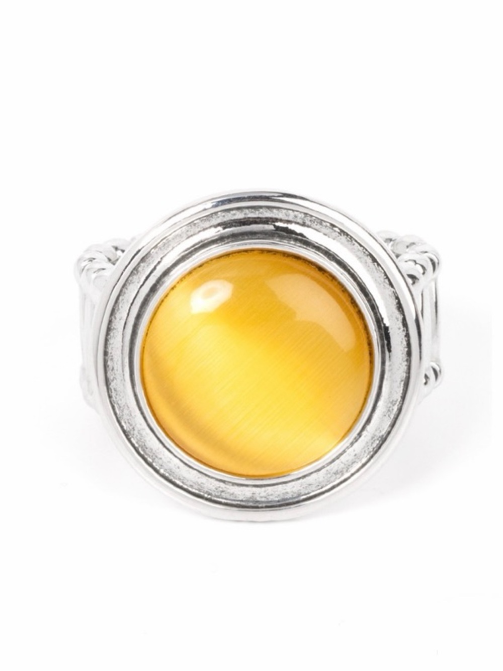 Yellow Cat's Eye Cabochon Silver Ring
